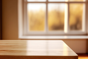 Fototapeta na wymiar wooden table and blurred window background, aesthetic minimalist background