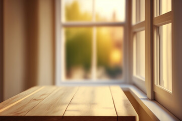wooden table and blurred window background, aesthetic minimalist background