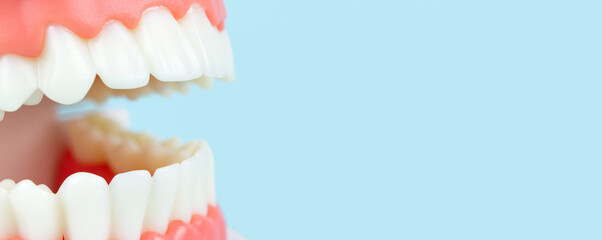 False teeth. Artificial jaw on blue background, close-up. Dentoform, Dental teeth model. Close-Up Of Dentures Against Blue Background. Denture picture with focus on teeth on blue background.
