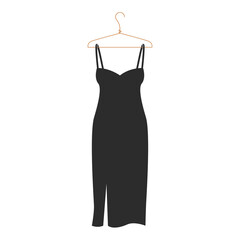 Stylish dress on hanger. Cartoon classic female clothes, elegant black dress, flat fashion apparel. Vector illustration
