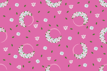 Illustration of Gerdenia or Cape jasmine flower bouquet with leaves on pink background.