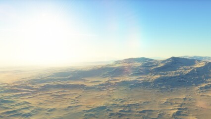 Mars like red planet, with arid landscape, rocky hills and mountains, for space exploration and science fiction backgrounds.
