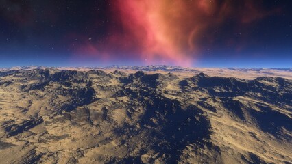 Fototapeta premium Mars like red planet, with arid landscape, rocky hills and mountains, for space exploration and science fiction backgrounds. 