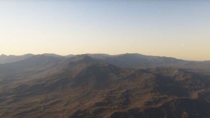Mars like red planet, with arid landscape, rocky hills and mountains, for space exploration and science fiction backgrounds.
