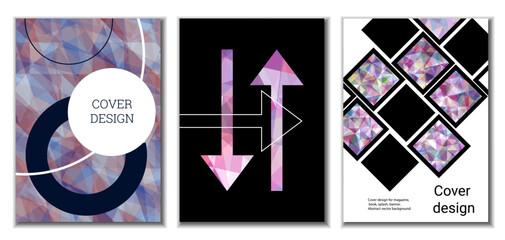 Cover design. Set of 3 covers. Imitation of crumpled paper. Unusual bright abstract background for magazine, book, splash, banner, vector. Imitation of crumpled paper