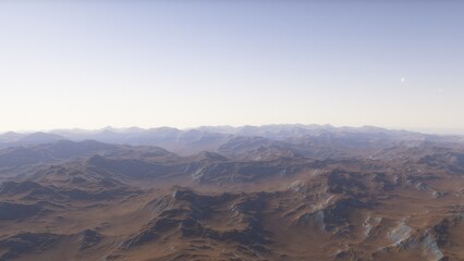 Mars like red planet, with arid landscape, rocky hills and mountains, for space exploration and science fiction backgrounds.
