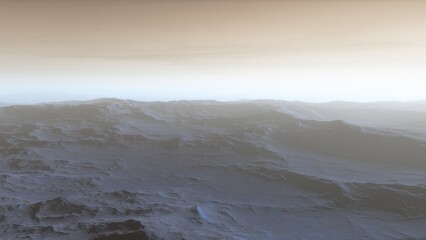 realistic surface of an alien planet, view from the surface of an exo-planet, canyons on an alien planet, stone planet, desert planet 3d render
