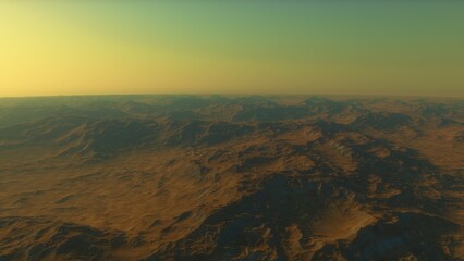 realistic surface of an alien planet, view from the surface of an exo-planet, canyons on an alien planet, stone planet, desert planet 3d render
