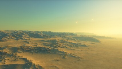 realistic surface of an alien planet, view from the surface of an exo-planet, canyons on an alien planet, stone planet, desert planet 3d render
