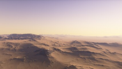 Naklejka premium realistic surface of an alien planet, view from the surface of an exo-planet, canyons on an alien planet, stone planet, desert planet 3d render 