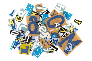 Collage of letters newspapers isolated on white background and texture, top view