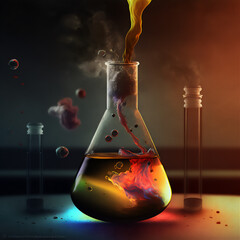 erlenmeyer flask with orange solution insde and smoke,generative ai