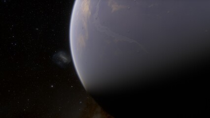 super-earth planet, realistic exoplanet, planet suitable for colonization, earth-like planet in far space, planets background 3d render
