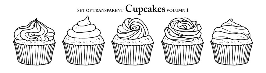 Cute hand drawn isolated black outline cupcakes on transparent background png file (Volumn 1)