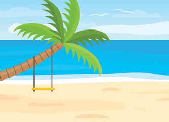 Fototapeta na wymiar swing hanging from bending palm tree on tropical beach, summer vacation, exotic island landscape- vector illustration