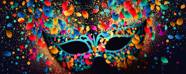 Colorful confetti and carnival mask, banner, background, generative ai 