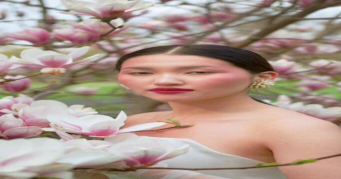 Asian woman enjoying nature, touching flowers in Garden with blooming magnolia