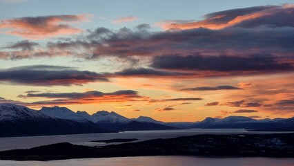 sunset in the mountains over the fjord, Tromsø, Norway