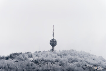 Winter view of destroyed Sarajevo TV Tower. The Hum Tower or Toranj Hum is a telecommunication...