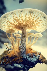 Fictive grown mycelium, mushroom shape , Microscopic fungi, made with Generative AI