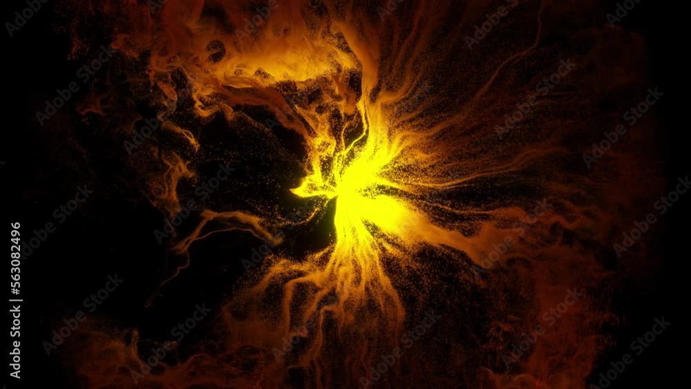 Poster abstract orange and yellow particles and smoke flowing and swirling in a circular motion on a black 
