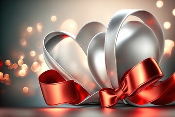 Festive romantic background with ribbon heart shape and glitter, Valentine's day ,made with Generative AI