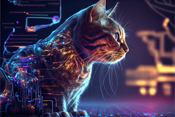 Cat on a futuristic background Sci fi colorful with Generative AI