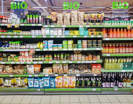 Latvia, Riga, January, 2023 - Delicious and healthy bio products on shelf of supermarket in Riga, Latvia. Natural products - food quality concept.