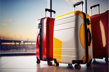 Generative AI red yellow and white suitcases in white airport Travel concept, 3d with window