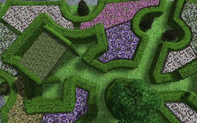 3d image of landscape design of a personal plot. Composition of a group of plants trees, bushes and flowers. Trimmed garden. Computer visualization of compositional solutions for the improvement.