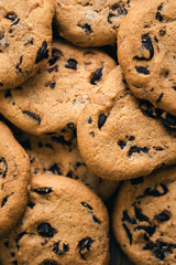 Close up, chocolate crisp cookies, mako shot, food background, top view.