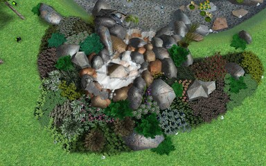3d image of landscape design of a personal plot. Composition of a group of plants trees, bushes and flowers. Computer visualization of compositional solutions for the improvement of the local area.
