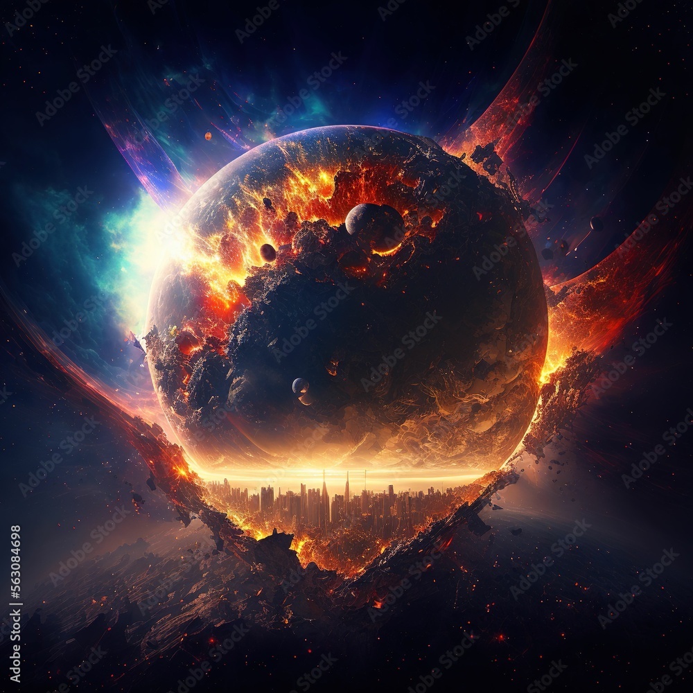 Aufkleber meteor planet impact on earth, asteroid on fire exploding in collision with planet, view from space 