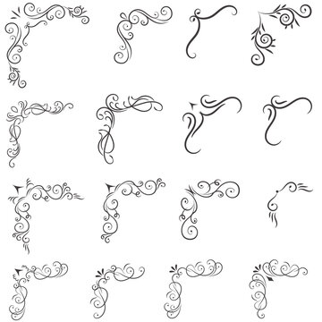 Set of mixed border corners and floral classical decorations, Vector illustration of decorative corner frame set. 