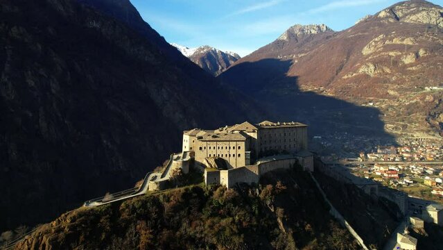 Italy travel and landmarks . aosta region. Famous medieval castles of valle d'Aosta - impressive Bard fort. aerial drone footage