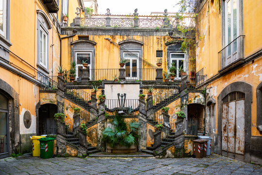 The staircases of Palazzo Marigliano, Naples, Italy. Palazzo Marigliano is a historical, renaissance-style palace in Naples city center.