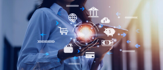 futuristic digital processing of biometric identification fingerprint scanner for access personal financial data. surveillance and security scanning of digital programs cyber futuristic applications