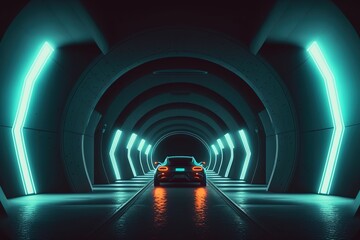 Futuristic sport racing car at high speed riding in illuminated road tunnel ,made with Generative AI
