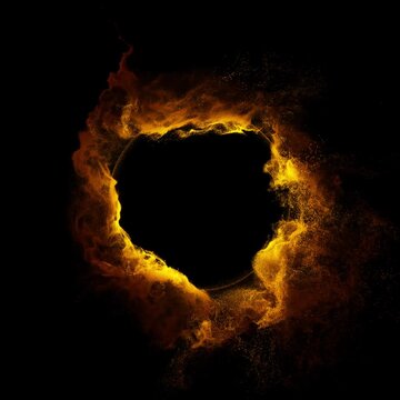 4K motion graphic VFX of abstract burning ring of fire on black background. Rotating fiery orange smoke, inter-dimensional portal and sparkling VFX effect. perfect for logo reveal.