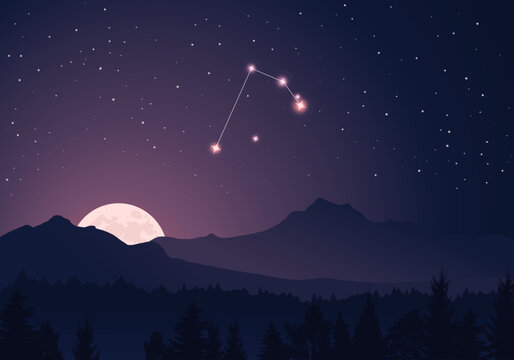 Vector constellation Microscopium in dark purple, starry sky. Misty hills, rising moon, dark forest, mountains
