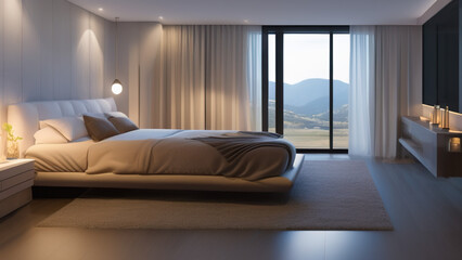 modern bedroom with view, Generative AI