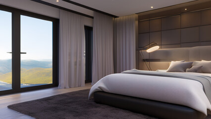 modern bedroom with view, Generative AI