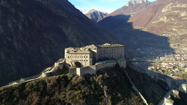 Famous medieval castles of valle d'Aosta - impressive Bard fort. aerial drone footage