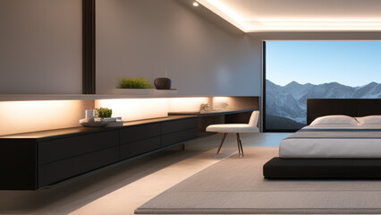 modern bedroom with view, Generative AI