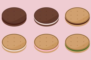 クッキーサンドのイラスト。ビスケットサンドベクターのイラスト。バニラクリーム、ココアクリーム。