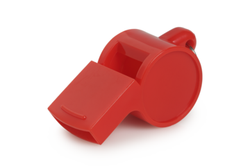 closeup of red plastic whistle isolated
