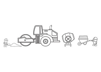 Hand drawn color children construction set of construction worker with road roller and cement mixer