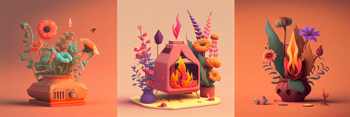 Illustration of a flowers and flame. isolated compositions collection.