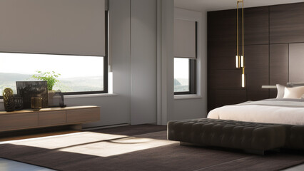 modern bedroom with view, Generative AI