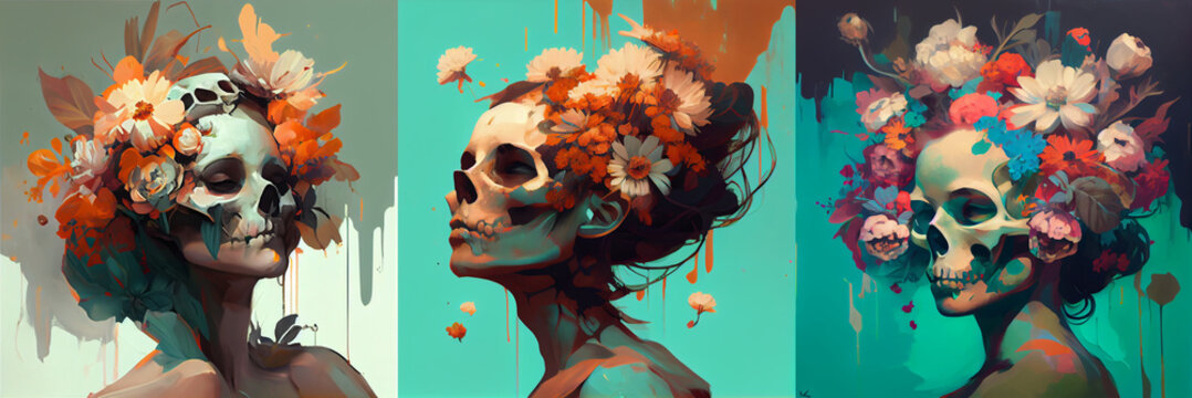 Oil painting portrait of girl with skull face. Colorful flowers on background, collection